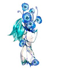 Rule 34 | 1other, androgynous, aqua hair, bare shoulders, blue flower, blue gemstone, closed mouth, cracked skin, eyeball, flower, gem, highres, hole in head, houseki no kuni, injury, lapis lazuli (gemstone), liquid, looking at viewer, looking to the side, one eye closed, other focus, overgrown, pale skin, phosphophyllite, phosphophyllite (gemstone), portrait, severed torso, simple background, solo, white background, ztjasper