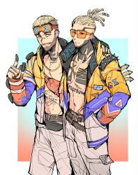 Rule 34 | 2boys, absurdres, animification, apex legends, bare pectorals, belt, blonde hair, border, brown belt, chain, chest tattoo, cornrows, crypto (apex legends), facial hair, fanny pack, gloves, goatee, gold chain, gradient background, grey pants, hair slicked back, hand in pocket, hand on another&#039;s shoulder, highres, hype beast crypto, lit witt mirage, male focus, mirage (apex legends), multiple boys, navel, official alternate costume, outside border, pants, pectorals, pointing, smile, song tan shui, tattoo, white border, yellow gloves