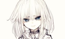 Rule 34 | 1girl, aqua eyes, choker, crying, crying with eyes open, highres, limited palette, looking at viewer, original, pale color, pale skin, portrait, riuichi, simple background, solo, tears, white background, white hair