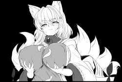 Rule 34 | 1girl, animal ears, black background, blue tabard, blush, breasts, covered erect nipples, embarrassed, fox ears, fox girl, fox tail, frown, grabbing own breast, greyscale, highres, large breasts, looking at viewer, mizuga, monochrome, multiple tails, solo, tabard, tail, touhou, trigram, wavy mouth, yakumo ran