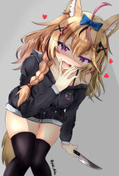 Rule 34 | 1girl, absurdres, ahoge, alternate costume, alternate hairstyle, animal ear fluff, animal ears, black thighhighs, blonde hair, braid, butcher knife, drawstring, ebiko yaki, eyelashes, fangs, fingers to mouth, fox ears, fox tail, glint, grey background, hair between eyes, hair over shoulder, heart, highres, holding, holding knife, hololive, hood, hoodie, knife, looking at viewer, messy hair, off-shoulder jacket, off shoulder, omaru polka, open mouth, pink eyes, shaded face, simple background, single braid, solo, spaghetti strap, tail, thighhighs, thighs, twitter username, virtual youtuber, yandere