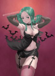 Rule 34 | 1girl, alternate costume, armpits, arms up, bat (animal), black shorts, blush, breasts, choker, cleavage, gradient background, green eyes, green hair, highres, kkzk61539201, long hair, looking at viewer, medium breasts, morrigan aensland, navel, purple thighhighs, red background, shorts, skindentation, smile, solo, thighhighs, twitter username, vampire (game)