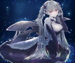 Rule 34 | 1girl, :o, azur lane, bare shoulders, between breasts, black dress, blush, breasts, bubble, butasanp, cleavage, dress, earrings, flight deck, formidable (azur lane), frilled dress, frills, grey hair, hair ribbon, hand up, head tilt, highres, jewelry, large breasts, long hair, long sleeves, looking at viewer, red eyes, ribbon, rigging, sitting, solo, twintails, two-tone dress, two-tone ribbon, underwater, very long hair