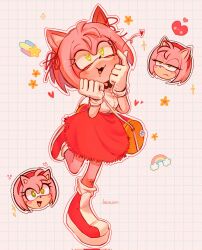 Rule 34 | 1girl, alternate costume, amy rose, animal ears, animal nose, artist name, bag, bandaid, bandaid on knee, bandaid on leg, blue fur, blush stickers, boots, breasts, buttons, character print, checkered background, closed mouth, cloud, collared shirt, eyelashes, flower, full body, furry, furry female, furry male, gloves, green eyes, grey background, grid background, hairband, half-closed eyes, hands up, heart, heart-shaped eyes, heart-shaped pupils, hedgehog, hedgehog ears, hedgehog girl, highres, jacocoon, leg up, looking to the side, looking up, medium breasts, open mouth, orange bag, orange flower, pink fur, rainbow, red bag, red footwear, red hairband, red ribbon, red skirt, ribbon, shirt, simple background, skirt, sleeveless, sleeveless shirt, smile, socks, solo, sonic (series), sonic the hedgehog, sparkle, standing, standing on one leg, star (symbol), symbol-shaped pupils, tongue, two-tone footwear, white footwear, white gloves, white shirt, white socks