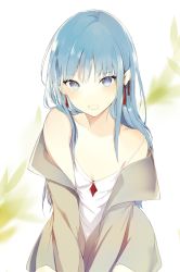 Rule 34 | 1girl, bad id, bad tumblr id, blouse, blue eyes, blue hair, character request, long hair, looking at viewer, lpip, matching hair/eyes, off shoulder, open mouth, shirt, solo, white shirt