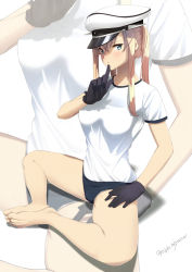 Rule 34 | 10s, 1girl, barefoot, black gloves, blonde hair, blue eyes, buruma, butterfly sitting, eight tohyama, feet, feet together, finger to mouth, gloves, graf zeppelin (kancolle), gym uniform, hat, highres, kantai collection, knees apart feet together, long hair, peaked cap, sitting, solo, toes, twintails, twitter username, zoom layer