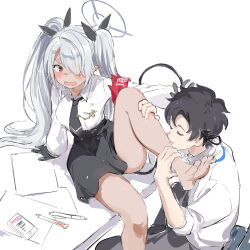 Rule 34 | 1boy, 1girl, absurdres, bare legs, barefoot, black gloves, black hair, black necktie, black skirt, blue archive, blue archive the animation, blush, collared shirt, dark-skinned female, dark skin, feet, foot out of frame, gloves, grey hair, hair over one eye, halo, highres, iori (blue archive), knee up, legs, long hair, necktie, nprmtp, open mouth, pointy ears, purple halo, red eyes, sensei (blue archive), sensei (blue archive the animation), shirt, short hair, simple background, skirt, soles, spread toes, toes, tongue, tongue out, twintails, white background, white shirt
