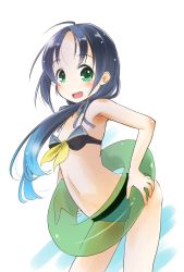 Rule 34 | 1girl, adapted costume, arched back, bikini, black bikini, blue hair, commentary request, cowboy shot, flat chest, front-tie top, gradient hair, green eyes, highres, innertube, kantai collection, long hair, looking at viewer, low twintails, multicolored hair, one-hour drawing challenge, ribbon, simple background, solo, standing, suzukaze (kancolle), swim ring, swimsuit, taisinkoku, twintails, white background
