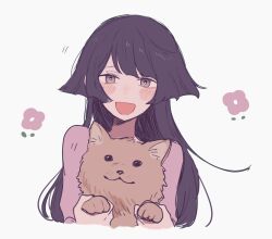 Rule 34 | 1girl, animal, blush, cropped torso, dog, freckles, grey eyes, hair flaps, holding, holding animal, long hair, looking at viewer, maco22, open mouth, original, purple hair, smile, solo