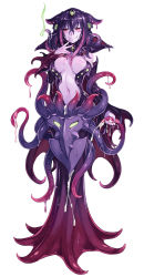 Rule 34 | 1girl, bare shoulders, blush, breasts, center opening, cleavage, colored skin, dress, female focus, full body, highres, kenkou cross, large breasts, long hair, looking at viewer, mind flayer, mind flayer (monster girl encyclopedia), mindflayer (monster girl encyclopedia), monster girl, monster girl encyclopedia, navel, official art, orange eyes, purple hair, purple skin, purple theme, simple background, slime (substance), smile, solo, suggestive fluid, tentacle hair, tentacles, white background