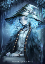 Rule 34 | 1girl, blue eyes, blue hair, blue skin, cloak, closed mouth, colored skin, cracked skin, dress, elden ring, fur cloak, hat, highres, long hair, looking at viewer, monkeyyan, one eye closed, ranni the witch, sitting, solo, white dress, witch hat