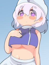 Rule 34 | 1girl, blue background, blue shirt, blush, breasts, cowboy shot, expressionless, grey hair, grey hat, hair between eyes, hand on own chest, hat, highres, large breasts, letty whiterock, long bangs, looking at viewer, medium hair, midriff, navel, parted lips, purple eyes, shirt, skirt, sleeveless, sleeveless shirt, solo, thick eyebrows, touhou, ugif, white skirt