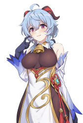 Rule 34 | 1girl, ahoge, arm at side, bare shoulders, bell, blue gloves, blue hair, blush, bodystocking, breasts, cowboy shot, detached collar, detached sleeves, dress, ganyu (genshin impact), genshin impact, gloves, hand up, highres, horns, large breasts, looking at viewer, medium hair, neck bell, ochiaki, parted lips, purple eyes, simple background, solo, strapless, strapless dress, white dress