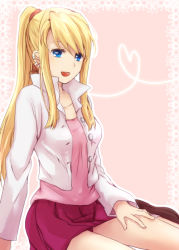 Rule 34 | 1girl, bad id, bad pixiv id, blonde hair, blue eyes, coat, colorized, earrings, fullmetal alchemist, fullmetal alchemist movie 2, fullmetal alchemist sacred star of milos, heart, heart of string, jacket, jewelry, long hair, mitsu yomogi, open mouth, ponytail, sitting, skirt, smile, solo, tsukuda0310, winry rockbell