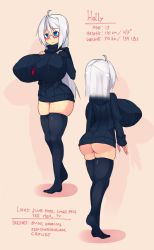 Rule 34 | 1girl, absurdres, ahoge, ass, black sweater, black thighhighs, blue eyes, blush, breasts, character profile, dress, english text, glasses, highres, holly (sub-res), huge breasts, jewelry, long hair, multiple views, naked sweater, no panties, original, pendant, ribbed sweater, semi-rimless eyewear, skindentation, sub-res, sweater, sweater dress, thighhighs, turnaround, turtleneck, under-rim eyewear, very long hair, wavy mouth, white hair