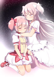 Rule 34 | 2girls, abutomato, bow, bubble skirt, choker, closed eyes, closed mouth, commentary request, dress, frills, hair bow, highres, hug, kaname madoka, kneehighs, long hair, magical girl, mahou shoujo madoka magica, mahou shoujo madoka magica (anime), multiple girls, pink choker, pink hair, pink thighhighs, red bow, red choker, red footwear, seiza, shoes, short hair, short twintails, sitting, skirt, smile, socks, thighhighs, twintails, two side up, ultimate madoka, white bow, white dress, white socks, yellow eyes, zettai ryouiki