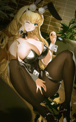 Rule 34 | 1girl, absurdres, animal ears, azur lane, bare shoulders, blonde hair, bow, bowtie, breasts, commentary request, couch, detached collar, fake animal ears, hair between eyes, hairband, high heels, highres, indoors, large breasts, leotard, long hair, looking at viewer, nike (nike1060), north carolina (azur lane), north carolina (the heart&#039;s desire) (azur lane), official alternate costume, one eye closed, pantyhose, playboy bunny, rabbit ears, sitting, solo, strapless, strapless leotard, thigh strap, very long hair, wrist cuffs