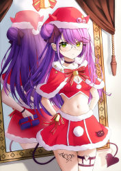 Rule 34 | 1girl, absurdres, alternate costume, arms behind back, black choker, blouse, bow, bowtie, box, breasts, capelet, choker, christmas, cleavage, closed mouth, cowboy shot, crop top, demon tail, earrings, frown, fur trim, gift, gift box, glasses, green eyes, hair bow, hair bun, hair ornament, hairclip, hat, highres, holding, holding gift, hololive, jewelry, leg tattoo, long hair, looking at viewer, medium breasts, midriff, miniskirt, mirror, nacho (nacho 1103), navel, o-ring, o-ring thigh strap, pointy ears, purple hair, red hat, red shirt, red skirt, reflection, revealing clothes, rimless eyewear, santa hat, shirt, sidelocks, single hair bun, skirt, solo, standing, stomach, tail, tattoo, thigh strap, thighs, tokoyami towa, v-shaped eyebrows, virtual youtuber, wristband