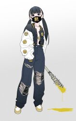 Rule 34 | 1girl, acubi tomaranai, arms at sides, baggy pants, baseball bat, black eyes, black hair, bra, commentary, crop top, cropped jacket, crying emoji, delinquent, denim, ear piercing, emoji, female focus, fishnet top, fishnets, full body, grey background, highres, holding, holding baseball bat, jeans, looking at viewer, low twintails, mask, mole, mole under eye, mouth mask, original, pants, piercing, pleading face emoji, shoes, simple background, sleeves past fingers, sleeves past wrists, sneakers, solo, spiked bat, standing, surgical mask, symbol-only commentary, thinking emoji, torn clothes, torn jeans, torn pants, twintails, underwear, uohhhhhhhhh! (meme), yellow blood, yellow bra