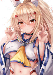 Rule 34 | 1girl, absurdres, ayanami (azur lane), azur lane, bare shoulders, black choker, blue sailor collar, blush, breasts, brown eyes, choker, closed mouth, collarbone, commentary request, crop top, detached sleeves, hair between eyes, hair ornament, hairclip, hands up, headgear, high ponytail, highres, light brown hair, long hair, long sleeves, medium breasts, navel, ponytail, retrofit (azur lane), ryara, sailor collar, shirt, smile, solo, underboob, upper body, white background, white shirt, white sleeves, wide sleeves, yellow neckwear