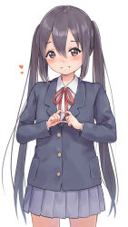 Rule 34 | 1girl, :d, black hair, blazer, blush, bow, bowtie, brown eyes, commentary request, grin, hair between eyes, heart, heart hands, highres, jacket, k-on!, kyon (kyouhei-takebayashi), long hair, long sleeves, looking at viewer, nakano azusa, open mouth, pleated skirt, school uniform, sidelocks, simple background, skirt, smile, solo, twintails, white background