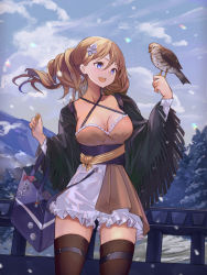Rule 34 | 1girl, :d, animal, animal on hand, bag, bird, bird on hand, blue sky, blush, breasts, brown hair, brown thighhighs, cloud, cloudy sky, collarbone, criss-cross halter, day, frilled shorts, frills, fringe trim, hair between eyes, hair ornament, halterneck, highres, holding, long hair, long sleeves, looking away, looking to the side, medium breasts, mosta (lo1777789), mountain, open mouth, original, outdoors, purple eyes, railing, short shorts, shorts, sky, smile, snowing, solo, teeth, thighhighs, tree, upper teeth only, white shorts