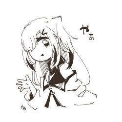 Rule 34 | 1girl, 3ma can omochi, allial (coefont), coat, coefont, collared shirt, colored tips, commentary request, cropped torso, greyscale, hair ornament, hairclip, hand up, head tilt, highres, long hair, looking at viewer, looking to the side, monochrome, multicolored hair, off shoulder, one side up, open mouth, shirt, sidelocks, signature, simple background, sleeveless, sleeveless shirt, smile, solo, translation request, waving