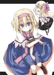 Rule 34 | 1girl, alice margatroid, blonde hair, blue eyes, book, boots, capelet, cross-laced footwear, dress, female focus, from above, hair ribbon, hairband, lace-up boots, mochiki, ribbon, sash, shanghai doll, sitting, solo, touhou, wavy hair