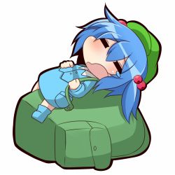Rule 34 | 1girl, backpack, bag, blue hair, chibi, hair bobbles, hair ornament, hat, kawashiro nitori, solo, tears, touhou, twintails, two side up, twumi, white background