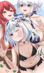 Rule 34 | 3girls, absurdres, against fourth wall, against glass, amane kanata, anger vein, bikini, black bikini, black choker, blue bikini, blue hair, blurry, blurry background, breast envy, breasts, cheek on glass, cheek squash, choker, clenched teeth, colored inner hair, fourth wall, frilled bikini, frills, green eyes, grey hair, hair bun, hair ornament, hairclip, halo, halterneck, hand on glass, heterochromia, highres, hololive, houshou marine, houshou marine (summer), large breasts, leaning forward, lhoting, long hair, looking at viewer, multicolored hair, multiple girls, navel, neck ribbon, official alternate costume, open mouth, purple eyes, red bikini, red eyes, red hair, ribbon, shirogane noel, shirogane noel (summer 2020), short hair, single hair intake, small breasts, smile, smug, star halo, streaked hair, suika game, swimsuit, teeth, two side up, virtual youtuber, yellow eyes