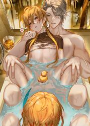 Rule 34 | 2boys, aether (genshin impact), alcohol, alhaitham (genshin impact), bath, bathtub, blonde hair, blush, commentary, earrings, english commentary, genshin impact, gold, green eyes, grey hair, hair between eyes, highres, jewelry, leaning, leaning on person, light smile, long hair, looking at mirror, male focus, mirror, multiple boys, muscular, muscular male, nipples, nude, open mouth, pnk crow, rubber duck, shirt, short hair, single earring, speech bubble, spread legs, sweat, sweatdrop, torn clothes, water, whiskey, yaoi, yellow eyes