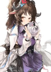 Rule 34 | 1girl, absurdres, animal, animal ears, arknights, brown eyes, brown hair, coat, commentary request, dress, eyjafjalla (arknights), eyjafjalla the hvit aska (arknights), highres, holding, holding animal, horns, kajuu, long hair, long sleeves, open clothes, open coat, pouch, purple dress, sheep, sheep ears, sheep horns, solo, white coat