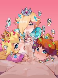 Rule 34 | 1boy, 3girls, absurdres, blonde hair, brown hair, clothed female nude male, cooperative fellatio, crown, diforland, erection, fellatio, gradient background, hair over one eye, heart, heart-shaped pupils, highres, looking at viewer, mario (series), mini crown, multiple girls, nintendo, nude, oral, penis, pink background, princess daisy, princess peach, rosalina, super mario bros. 1, super mario galaxy, super mario land, symbol-shaped pupils, uncensored
