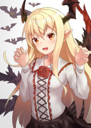 Rule 34 | 1girl, :d, animal, bat (animal), black skirt, blonde hair, blush, breasts, collarbone, collared shirt, commentary request, cross-laced clothes, fang, fingernails, flower, frilled shirt collar, frills, gradient background, granblue fantasy, hair between eyes, hands up, head wings, long hair, long sleeves, looking at viewer, miniskirt, open mouth, pointy ears, ponta (velmar), red eyes, red flower, rose, sharp fingernails, shirt, shirt tucked in, sidelocks, skirt, small breasts, smile, solo, upper body, vampy, white background, white shirt, wings