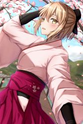 Rule 34 | 1girl, absurdres, arm guards, black bow, blonde hair, blue sky, bow, branch, cherry blossoms, day, fate/grand order, fate (series), hair bow, hakama, half updo, highres, hip vent, japanese clothes, kimono, okita souji (fate), okita souji (koha-ace), outdoors, pink kimono, red hakama, sky, solo, toukan, wide sleeves, yellow eyes