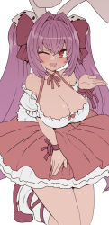 Rule 34 | 1girl, animal ears, blush, breasts, cleavage, di gi charat, dice hair ornament, fang, hair ornament, halterneck, hand up, highres, large breasts, long hair, looking at viewer, neck ribbon, one eye closed, purple hair, rabbit ears, red eyes, red footwear, red ribbon, red skirt, ribbon, shoes, simple background, skirt, smile, socks, sumiyao (amam), twintails, usada hikaru, very long hair, white background, white socks, wristband