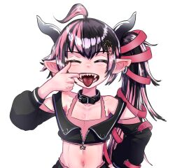 Rule 34 | 1girl, absurdres, ahoge, belt, belt collar, black belt, black hair, black jacket, blush, bra, closed eyes, collar, commentary, cropped jacket, demon girl, demon horns, earrings, flat chest, flower, grey horns, hair flower, hair ornament, hair ribbon, highres, horns, jacket, jewelry, long hair, long sleeves, medium bangs, midriff, mouth pull, multicolored hair, nanashi inc., navel, off shoulder, oinomori may, oinomori may (1st costume), one side up, open clothes, open jacket, open mouth, pink bra, pink hair, pink ribbon, pointy ears, rgm jesta, ribbon, sharp teeth, simple background, single earring, smile, solo, symbol-only commentary, teeth, two-tone hair, underwear, upper body, virtual youtuber, white background
