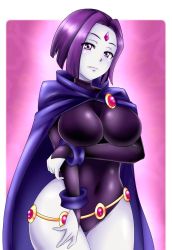 Rule 34 | 1girl, azdraw, black leotard, breasts, cape, colored skin, curvy, dc comics, gloves, holding another&#039;s arm, leotard, lipstick, looking at viewer, makeup, navel, pink hair, purple hair, raven (dc), shiny skin, smile, tagme, teen titans, underwear, white skin