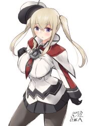 Rule 34 | 1girl, artist name, blonde hair, breasts, capelet, celtic knot, cowboy shot, cross, dated, gloves, graf zeppelin (kancolle), grey eyes, hair between eyes, hat, highres, iron cross, jacket, kantai collection, large breasts, long hair, looking at viewer, military, military hat, military jacket, military uniform, miniskirt, necktie, one-hour drawing challenge, owa (ishtail), pantyhose, peaked cap, sidelocks, simple background, skirt, solo, twintails, uniform, white background