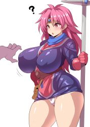 Rule 34 | 1girl, blush, breasts, brown eyes, dragon quest, dragon quest dai no daibouken, covered erect nipples, gloves, hand up, highres, huge breasts, konno tohiro, maam, miniskirt, open mouth, panties, pink hair, skirt, staff, thick thighs, thighs, underwear, wide hips