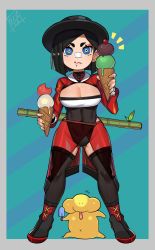 Rule 34 | 1girl, :&lt;, absurdres, bamboo, bandaid, bandaid on face, bandaid on nose, black hair, black headwear, black thighhighs, blue eyes, border, bugita, cherry, closed mouth, covered erect nipples, creature, eyeshadow, fang, fang out, fingernails, food, food on face, fruit, gluteal fold, grey border, hat, highres, holding, holding food, holding ice cream, ice cream, ice cream cone, looking at viewer, makeup, melting, multicolored eyes, nail polish, navel, original, popsicle, red eyeshadow, see-through, short hair, signature, standing, striped, striped background, thighhighs, tongue, tongue out, yellow eyes, yellow nails