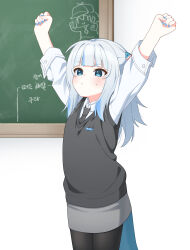 Rule 34 | 1girl, absurdres, black necktie, black vest, blue eyes, blue hair, blue nails, blush, chalkboard, collared shirt, commentary, dress shirt, english commentary, gawr gura, grey hair, grey skirt, hair ornament, highres, hololive, hololive english, indoors, long hair, multicolored hair, necktie, pantyhose, raised eyebrow, shark hair ornament, shirt, skirt, solo, streaked hair, stretching, sweatdrop, tail, translation request, ugaaaa1, vest, virtual youtuber, watson amelia, white shirt