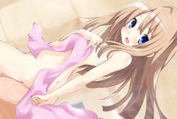 Rule 34 | 1girl, ass, bare shoulders, blue eyes, blush, breasts, brown hair, child, covering privates, hair between eyes, iwashi dorobou -r-, long hair, looking at viewer, naked towel, neptune (series), nude cover, open mouth, ram (neptunia), small breasts, smile, solo, towel