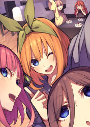 Rule 34 | 5girls, :d, :o, absurdres, birthday, blue eyes, blunt bangs, blush, brown hair, cake, cake slice, casual, clenched hand, closed eyes, closed mouth, commentary, couch, eating, eyelashes, eyes visible through hair, food, foreshortening, go-toubun no hanayome, green hairband, green ribbon, hair between eyes, hair ornament, hair over one eye, hair ribbon, hairband, happy, happy birthday, highres, indoors, lens flare, light particles, long hair, looking at viewer, medium hair, multiple girls, musical note, nakano ichika, nakano itsuki, nakano miku, nakano nino, nakano yotsuba, nose, one eye closed, open mouth, orange hair, pink hair, red hair, ribbon, round teeth, selfie, short hair, siblings, sisters, smile, sparkling eyes, star (symbol), star hair ornament, table, tamago sando, teeth, twins, upper teeth only, v-shaped eyebrows, waving, wide sleeves