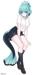 Rule 34 | 1girl, aqua eyes, aqua hair, arm support, artist name, between legs, black skirt, black socks, braid, breasts, brown footwear, closed mouth, collared shirt, commentary, dress shirt, fins, fish girl, fish tail, freckles, full body, head fins, highres, invisible chair, kneehighs, loafers, looking at viewer, medium breasts, mirai (shellvi), original, plaid, plaid skirt, pleated skirt, shellvi, shirt, shoes, short hair, short sleeves, simple background, sitting, skirt, socks, solo, striped clothes, striped socks, tail, white background, white shirt