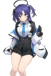 Rule 34 | 1girl, absurdres, bare legs, black gloves, black skirt, black suit, blue archive, blue jacket, blue necktie, closed mouth, collared shirt, formal, gloves, hair ornament, halo, highres, id card, jacket, jacket partially removed, long sleeves, looking at viewer, necktie, off shoulder, purple eyes, purple hair, ryou (ponpgo), shirt, simple background, skirt, smile, solo, suit, two-sided fabric, two-sided jacket, two side up, white background, white jacket, white shirt, yuuka (blue archive)