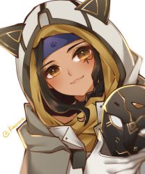 Rule 34 | 1girl, ana (overwatch), animal hood, black hair, brown eyes, closed mouth, commentary, dark-skinned female, dark skin, dutch angle, facial mark, fang, fang out, gloves, headband, highres, holding, hood, hood up, kaoruru (sakuno2911), kemonomimi mode, looking at viewer, mask, unworn mask, official alternate costume, overwatch, overwatch 1, simple background, smile, solo, twitter username, upper body, white background, white gloves