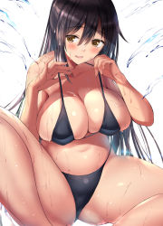 Rule 34 | 1girl, bad id, bad pixiv id, bikini, black bikini, black hair, blush, breasts, brown eyes, cleavage, commentary request, huge breasts, idolmaster, idolmaster shiny colors, long hair, looking to the side, navel, open mouth, ponytail korosuke, shirase sakuya, simple background, sitting, smile, solo, swimsuit, water, wet, white background