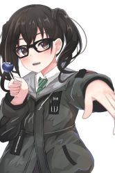 Rule 34 | 1girl, :o, bespectacled, black-framed eyewear, black hair, black jacket, blurry, blush, brown eyes, candy, collared shirt, depth of field, drawstring, food, glasses, green necktie, hand up, highres, holding, holding candy, holding food, holding lollipop, hood, hood down, hooded jacket, idolmaster, idolmaster cinderella girls, jacket, lollipop, long hair, long sleeves, looking at viewer, necktie, open mouth, outstretched hand, sharp teeth, shirt, sidelocks, simple background, solo, striped necktie, striped neckwear, sunazuka akira, teeth, touon youmu, twintails, upper body, white background, white shirt