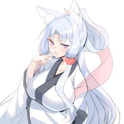 Rule 34 | 1girl, absurdres, ajishio, animal ear fluff, animal ears, arm under breasts, breasts, collarbone, comic, fox ears, grey hair, hair ornament, half-closed eyes, hand up, high ponytail, highres, japanese clothes, kimono, large breasts, long hair, long sleeves, purple eyes, solo, touhoku itako, very long hair, voiceroid, white background
